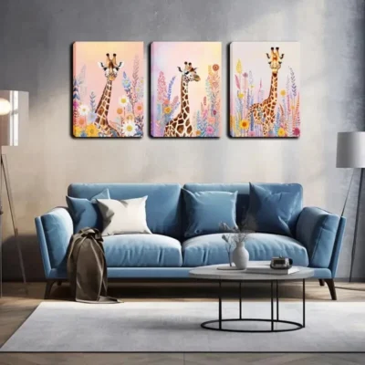 3pcs Colorful Giraffe in Flower Bushes Wall Art Set Canvas Framed 40x60cm - High Quality Print 100% Australian Made Wall Canvas Ready to Hang