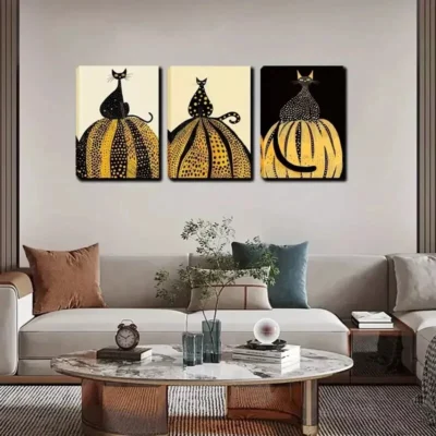 3pcs Polka Dot Cat Sitting on a Pumpkin Wall Art Set Canvas Framed 40x60cm - High Quality Print 100% Australian Made Wall Canvas Ready to Hang