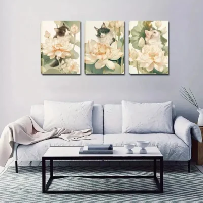 3pcs The Cats Sitting on The Lotus Leaf Wall Art Set Canvas Framed 40x60cm - High Quality Print 100% Australian Made Wall Canvas Ready to Hang