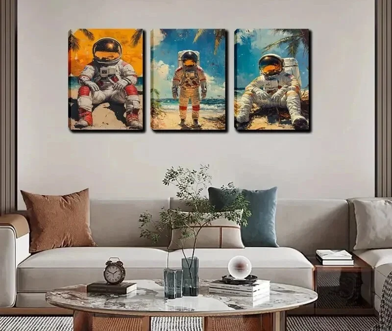 3pcs The Astronauts on the Beach Wall Art Set Canvas Framed 40x60cm – High Quality Print 100% Australian Made Wall Canvas Ready to Hang