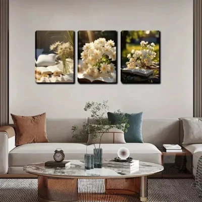 3pcs The Fresh White Flowers And Books Wall Art Set Canvas Framed 40x60cm - High Quality Print 100% Australian Made Wall Canvas Ready to Hang