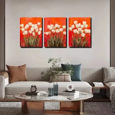 3pcs The Tulips in Front of The Red Wall Art Set Canvas Framed 40x60cm - High Quality Print 100% Australian Made Wall Canvas Ready to Hang