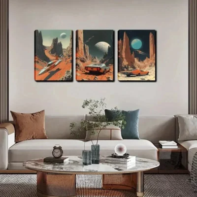 3pcs Science Fiction Travel Mars in The Future Wall Art Set Canvas Framed 40x60cm - High Quality Print 100% Australian Made Wall Canvas Ready to Hang