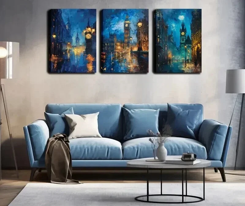 3pcs Rainy Streets at Night And A Clock Tower Wall Art Set Canvas Framed 40x60cm – High Quality Print 100% Australian Made Wall Canvas Ready to Hang