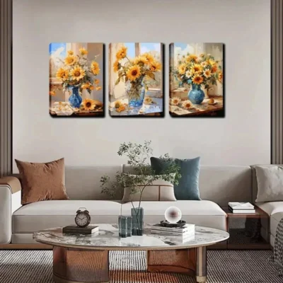 3pcs Sunflowers in a Vase by The Window Wall Art Set Canvas Framed 40x60cm - High Quality Print 100% Australian Made Wall Canvas Ready to Hang
