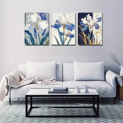 3pcs Chinese Style Blue Flower Plant Wall Art Set Canvas Framed 40x60cm - High Quality Print 100% Australian Made Wall Canvas Ready to Hang