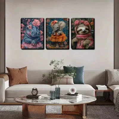3pcs Hippopotamus, Elephant And Sloth Wall Art Set Canvas Framed 40x60cm - High Quality Print 100% Australian Made Wall Canvas Ready to Hang