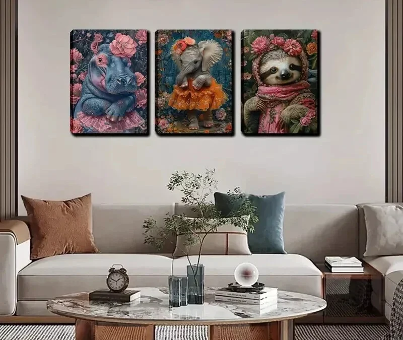 3pcs Hippopotamus, Elephant And Sloth Wall Art Set Canvas Framed 40x60cm – High Quality Print 100% Australian Made Wall Canvas Ready to Hang