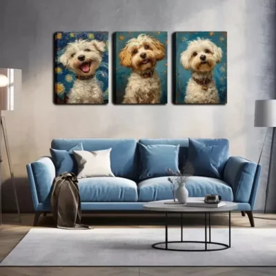 3pcs The Puppy Against The Blue Background Wall Art Set Canvas Framed 40x60cm - High Quality Print 100% Australian Made Wall Canvas Ready to Hang