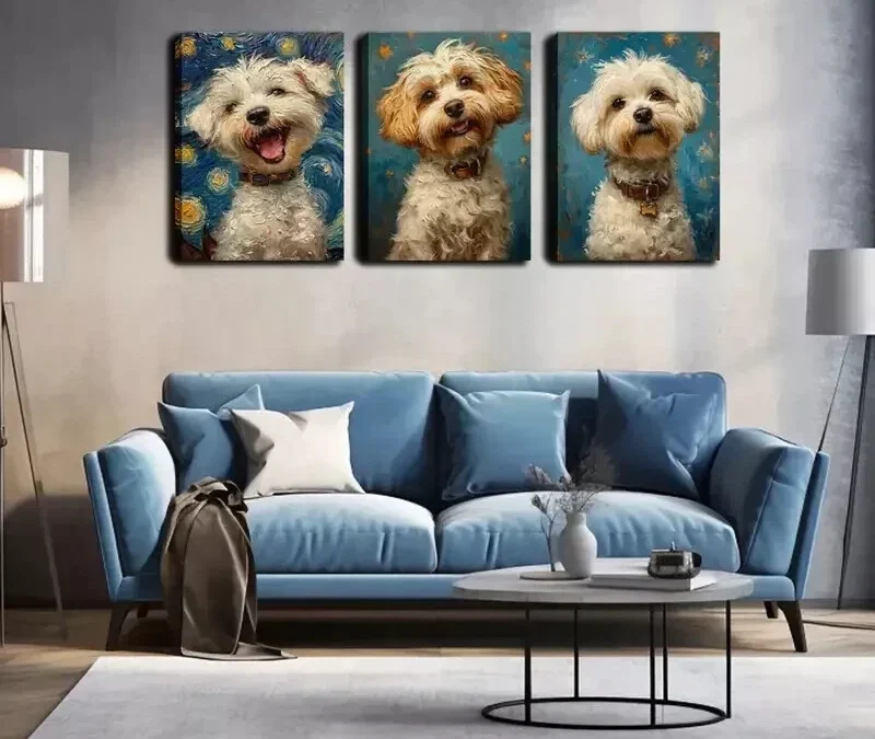 3pcs The Puppy Against The Blue Background Wall Art Set Canvas Framed 40x60cm – High Quality Print 100% Australian Made Wall Canvas Ready to Hang