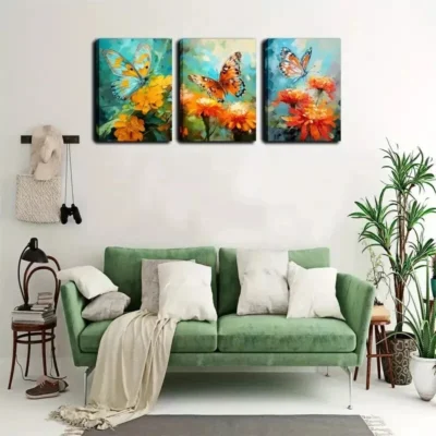 3pcs Butterflies on The Flowers Wall Art Set Canvas Framed 40x60cm - High Quality Print 100% Australian Made Wall Canvas Ready to Hang