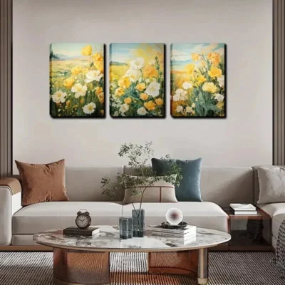 3pcs Yellow Flower Field Wall Art Set Canvas Framed 40x60cm - High Quality Print 100% Australian Made Wall Canvas Ready to Hang