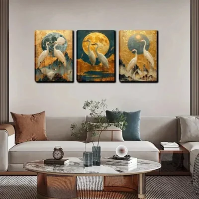 3pcs The Aigrettes Standing Under The Moon  Wall Art Set Canvas Framed 40x60cm - High Quality Print 100% Australian Made Wall Canvas Ready to Hang