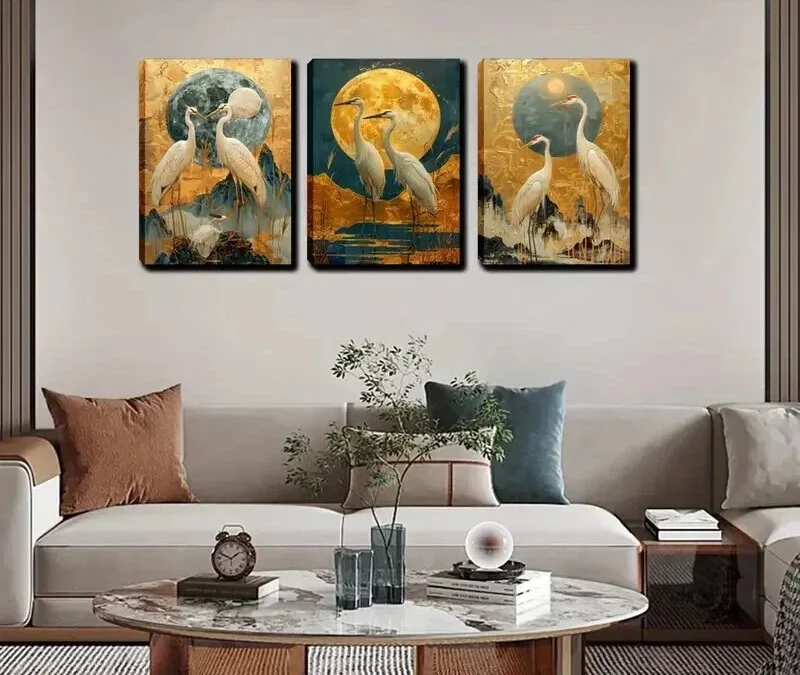 3pcs The Aigrettes Standing Under The Moon  Wall Art Set Canvas Framed 40x60cm – High Quality Print 100% Australian Made Wall Canvas Ready to Hang