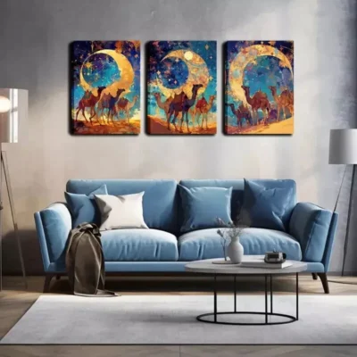 3pcs Camel Caravan Paintings Under The Moon  Wall Art Set Canvas Framed 40x60cm - High Quality Print 100% Australian Made Wall Canvas Ready to Hang