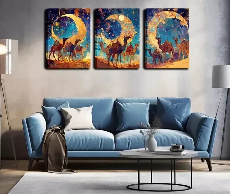 3pcs Camel Caravan Paintings Under The Moon  Wall Art Set Canvas Framed 40x60cm – High Quality Print 100% Australian Made Wall Canvas Ready to Hang