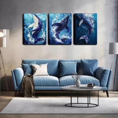 3pcs The whale splashing in the sea Wall Art Set Canvas Framed 40x60cm - High Quality Print 100% Australian Made Wall Canvas Ready to Hang