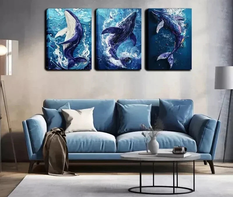 3pcs The whale splashing in the sea Wall Art Set Canvas Framed 40x60cm – High Quality Print 100% Australian Made Wall Canvas Ready to Hang
