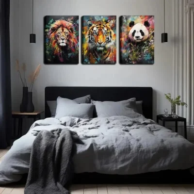 3pcs The Lion Tiger And Panda Wall Art Set Canvas Framed 40x60cm - High Quality Print 100% Australian Made Wall Canvas Ready to Hang