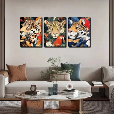 3pcs Vibrant Jungle Cat & Parrot  Wall Art Set Canvas Framed 40x60cm - High Quality Print 100% Australian Made Wall Canvas Ready to Hang