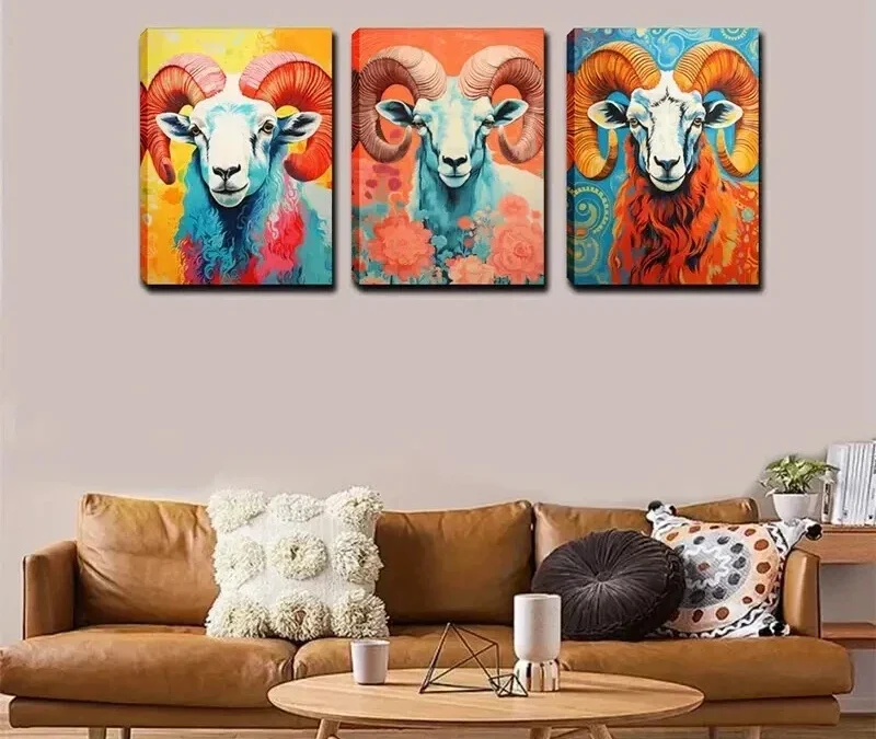 3pcs The Brightly Colored Ram  Wall Art Set Canvas Framed 40x60cm – High Quality Print 100% Australian Made Wall Canvas Ready to Hang