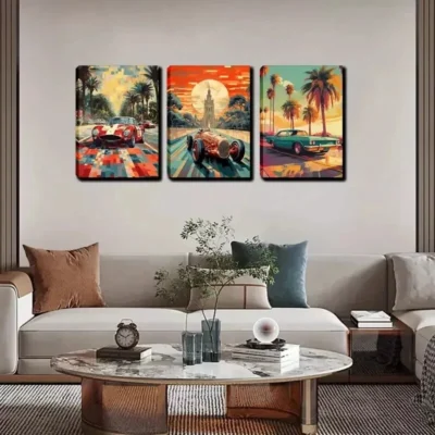 3pcs Colorful Vintage Car Wall Art Set Canvas Framed 40x60cm - High Quality Print 100% Australian Made Wall Canvas Ready to Hang