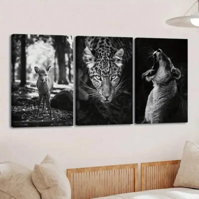 3pcs Vintage Black & White Animals Deer Leopard Wall Art Set Canvas Framed 40x60cm - High Quality Print 100% Australian Made Wall Canvas Ready to Hang