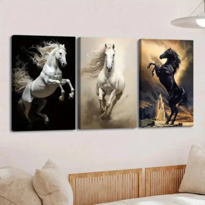 3pcs Horse Paintings Running Horse Black & Gold Wall Art Set Canvas Framed 40x60cm - High Quality Print 100% Australian Made Wall Canvas Ready to Hang