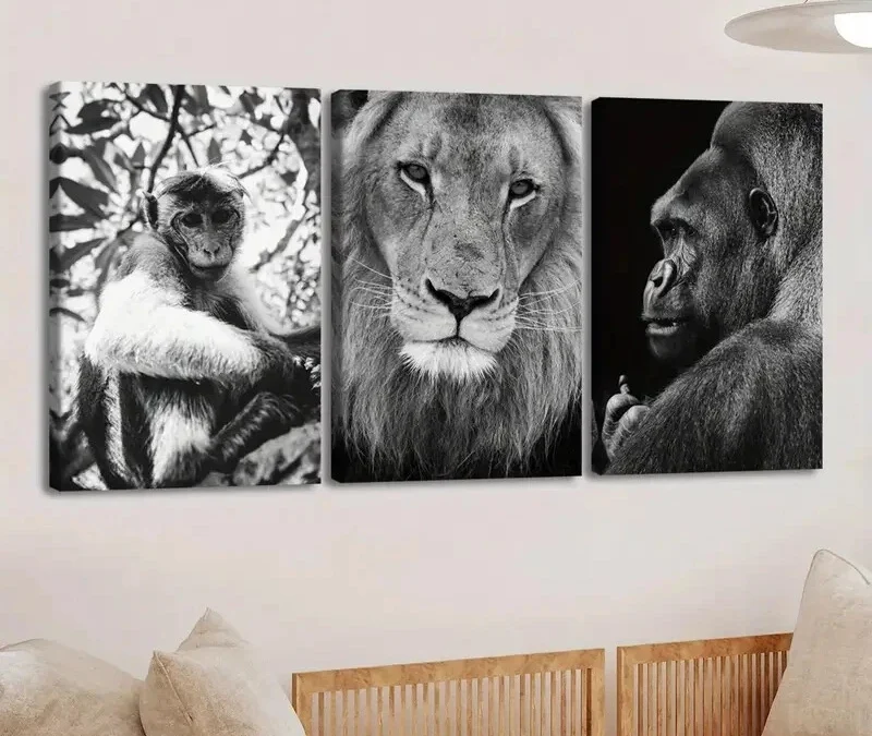 3pcs Vintage Black Animal Monkey Lion & Gorilla Wall Art Set Canvas Framed 40x60cm – High Quality Print 100% Australian Made Wall Canvas Ready to Hang