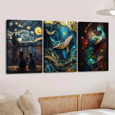 3pcs Vibrant Animal Moon Cat Scene Peacock Fish Wall Art Set Canvas Framed 40x60cm - High Quality Print 100% Australian Made Wall Canvas Ready to Hang