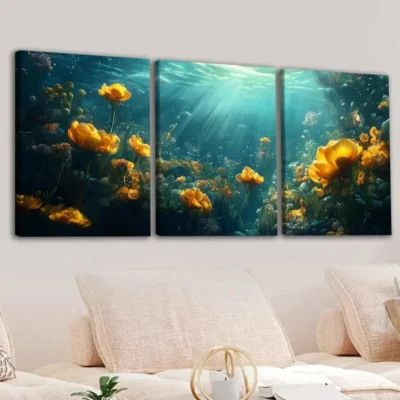 3pcs Beautiful Sea Flowers And Fish Blue Water Wall Art Set Canvas Framed 40x60cm - High Quality Print 100% Australian Made Wall Canvas Ready to Hang