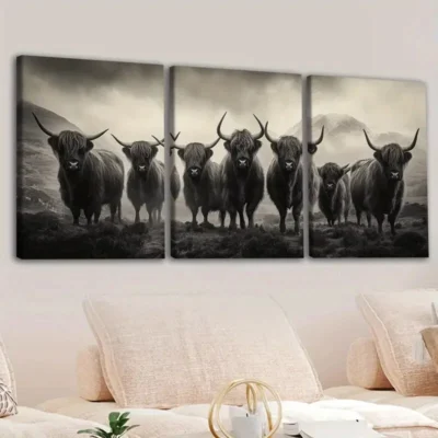 3pcs Animal Highland Cattle Gray White Cool Yaks Wall Art Set Canvas Framed 40x60cm - High Quality Print 100% Australian Made Wall Canvas Ready to Hang