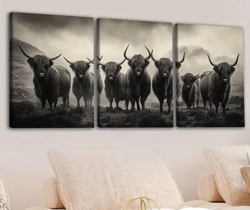 3pcs Animal Highland Cattle Gray White Cool Yaks Wall Art Set Canvas Framed 40x60cm – High Quality Print 100% Australian Made Wall Canvas Ready to Hang