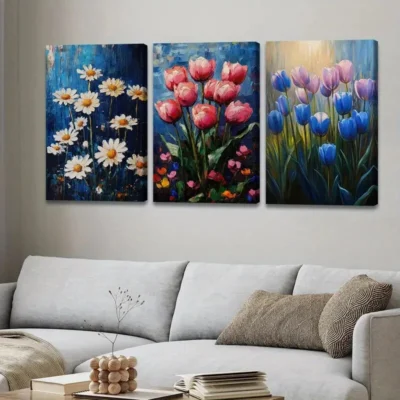 3pcs Exquisite And Charming Floral Blue Red Sun Wall Art Set Canvas Framed 40x60cm - High Quality Print 100% Australian Made Wall Canvas Ready to Hang