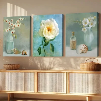 3pcs White Flower Fantasy Bottle White Rose Blue Wall Art Set Canvas Framed 40x60cm - High Quality Print 100% Australian Made Wall Canvas Ready to Hang