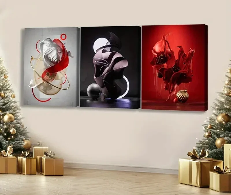 3pcs Modern Abstract Art Red & Gold Black White Wall Art Set Canvas Framed 40x60cm – High Quality Print 100% Australian Made Wall Canvas Ready to Hang