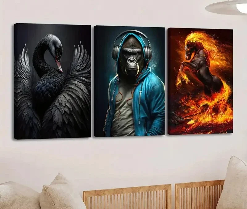 3pcs Various Animals Black Duck Blue Monkey Gold Wall Art Set Canvas Framed 40x60cm – High Quality Print 100% Australian Made Wall Canvas Ready to Hang