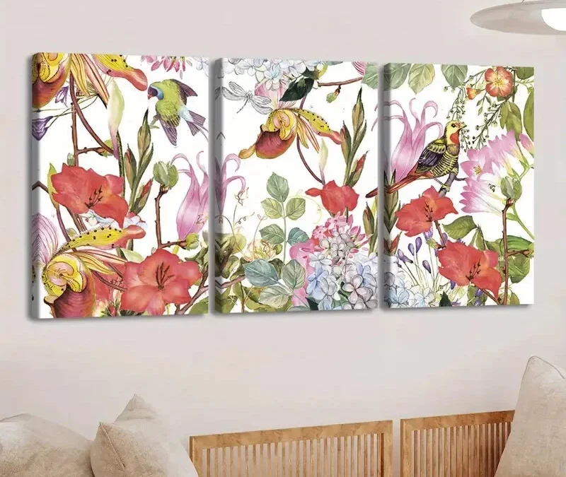 3pcs Vibrant Floral & Birds Red Flowers Parrots Wall Art Set Canvas Framed 40x60cm – High Quality Print 100% Australian Made Wall Canvas Ready to Hang