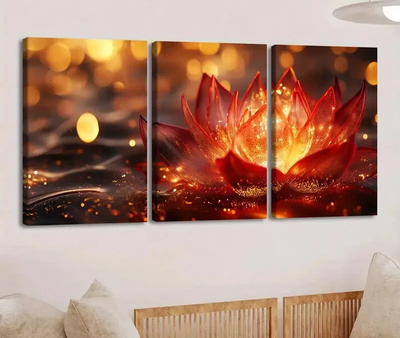 3pcs Vibrant Lotus Flower Paint Golden Hues Gold Wall Art Set Canvas Framed 40x60cm – High Quality Print 100% Australian Made Wall Canvas Ready to Hang