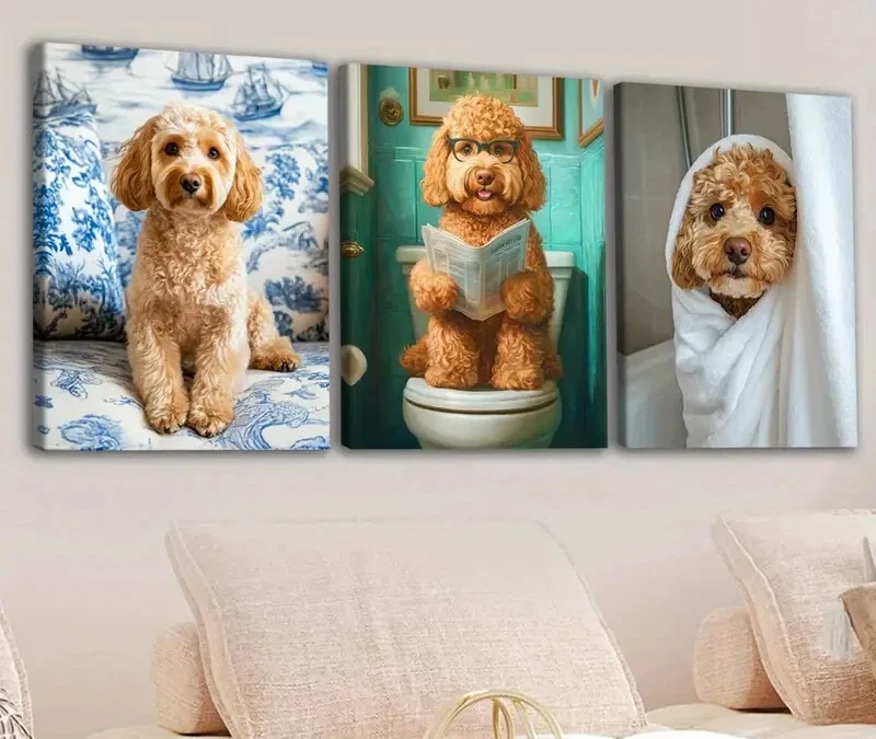 3pcs Cute Dogs Toilet Brawny Blue & White Green Wall Art Set Canvas Framed 40x60cm – High Quality Print 100% Australian Made Wall Canvas Ready to Hang