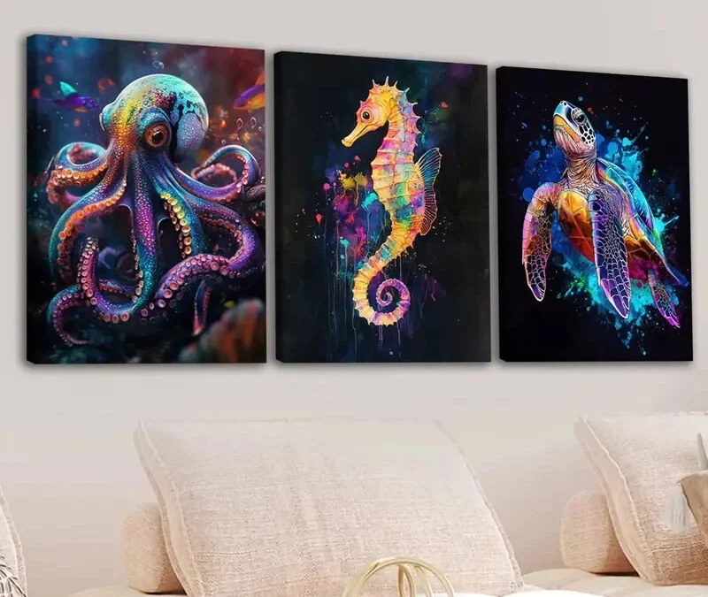 3pcs Abstract Neon Animals Octopus Seahorse Blue Wall Art Set Canvas Framed 40x60cm – High Quality Print 100% Australian Made Wall Canvas Ready to Hang