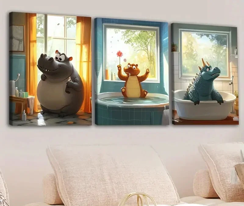 3pcs Cute Animal Hippopotamus Cow Crocodile Blue Wall Art Set Canvas Framed 40x60cm – High Quality Print 100% Australian Made Wall Canvas Ready to Hang