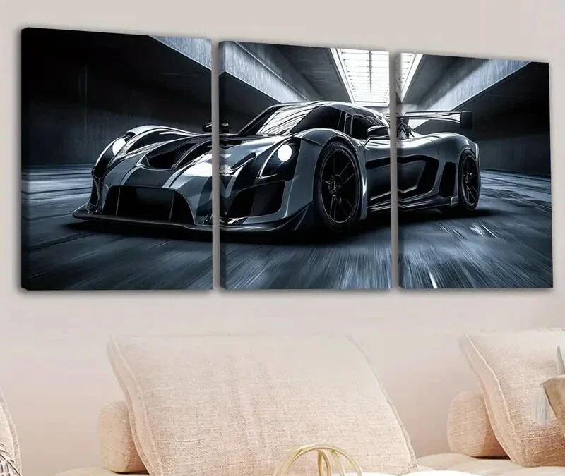 3pcs Classic Black Cool Sports Car White Lights Wall Art Set Canvas Framed 40x60cm – High Quality Print 100% Australian Made Wall Canvas Ready to Hang