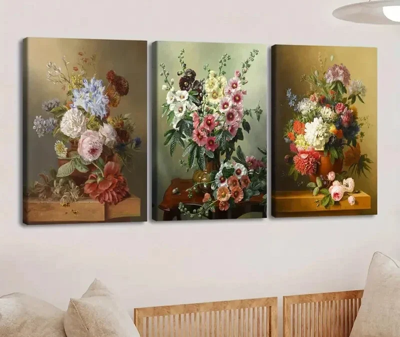 3pcs Retro Vintage Oil Paint Style Flowers Wall Art Set Canvas Framed 40x60cm – High Quality Print 100% Australian Made Wall Canvas Ready to Hang