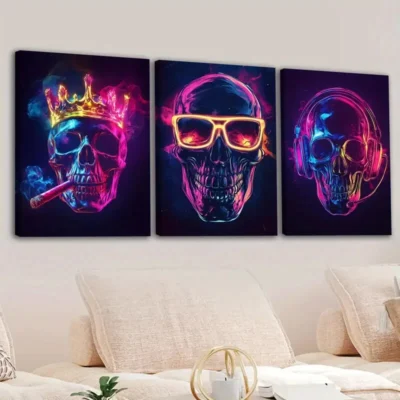 3pcs Abstract Neon Skeletons Glow Gold Rose Blue Wall Art Set Canvas Framed 40x60cm - High Quality Print 100% Australian Made Wall Canvas Ready to Hang