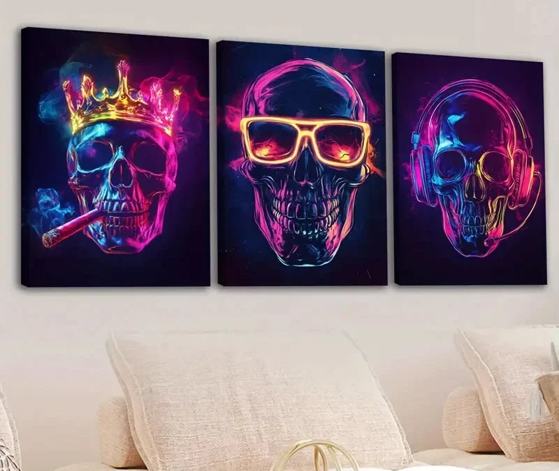 3pcs Abstract Neon Skeletons Glow Gold Rose Blue Wall Art Set Canvas Framed 40x60cm – High Quality Print 100% Australian Made Wall Canvas Ready to Hang