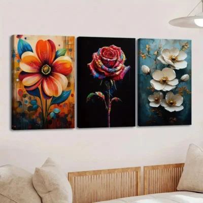 3pcs Vibrant Florals Paint Roses Peonies Orange Wall Art Set Canvas Framed 40x60cm - High Quality Print 100% Australian Made Wall Canvas Ready to Hang