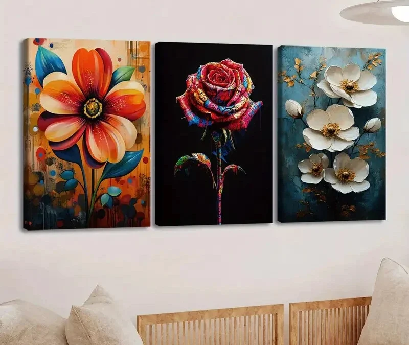3pcs Vibrant Florals Paint Roses Peonies Orange Wall Art Set Canvas Framed 40x60cm – High Quality Print 100% Australian Made Wall Canvas Ready to Hang