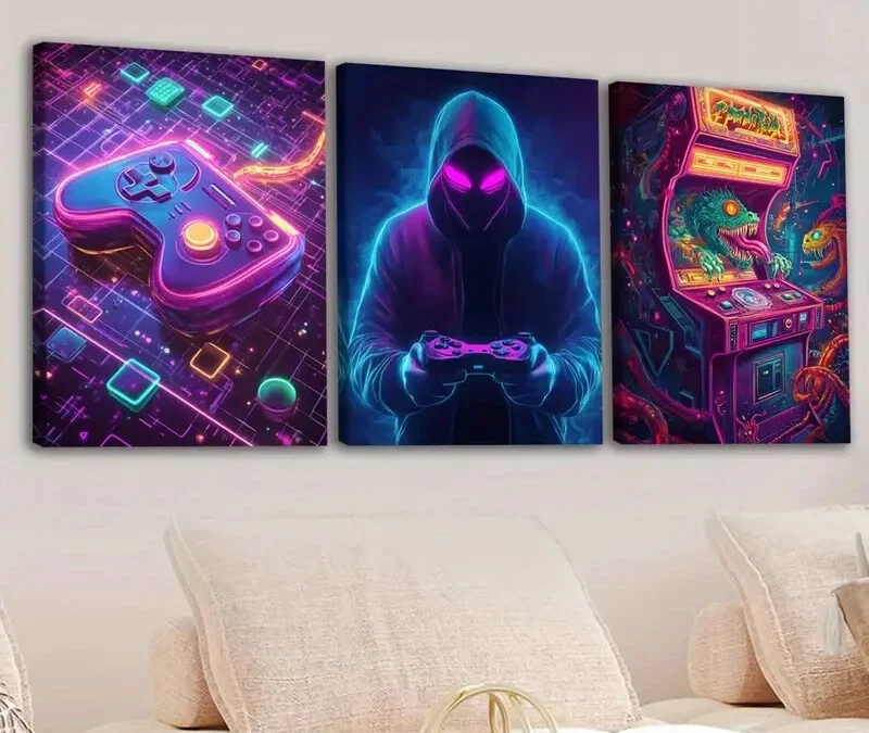 3pcs Fashion Sports Games Neon Style Mouse, Game Wall Art Set Canvas Framed 40x60cm – High Quality Print 100% Australian Made Wall Canvas Ready to Hang