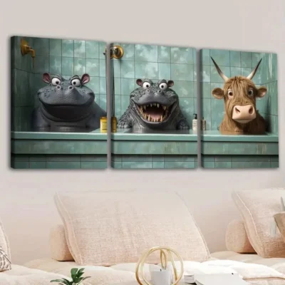 3pcs Cute Animal Hippopotamus Cow Crocodile Blue Wall Art Set Canvas Framed 40x60cm - High Quality Print 100% Australian Made Wall Canvas Ready to Hang